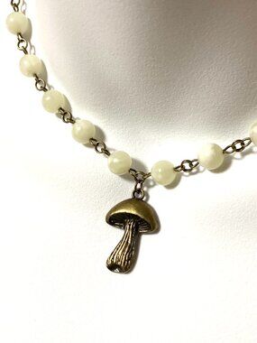 Natural Pale Green Serpentine Short Necklace, Gemstone & Bronze Slim Mushroom